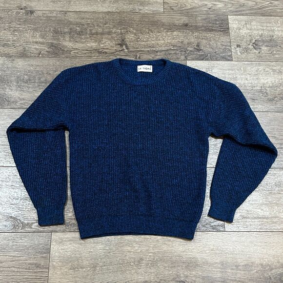 Vintage 80s Le Tigre Knit Sweater Blue Black Made in USA - Men's Size Large - Picture 1 of 7